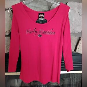 VINTAGE LADIES LARGE RED HARLEY-DAVIDSON L/S TOP EUC